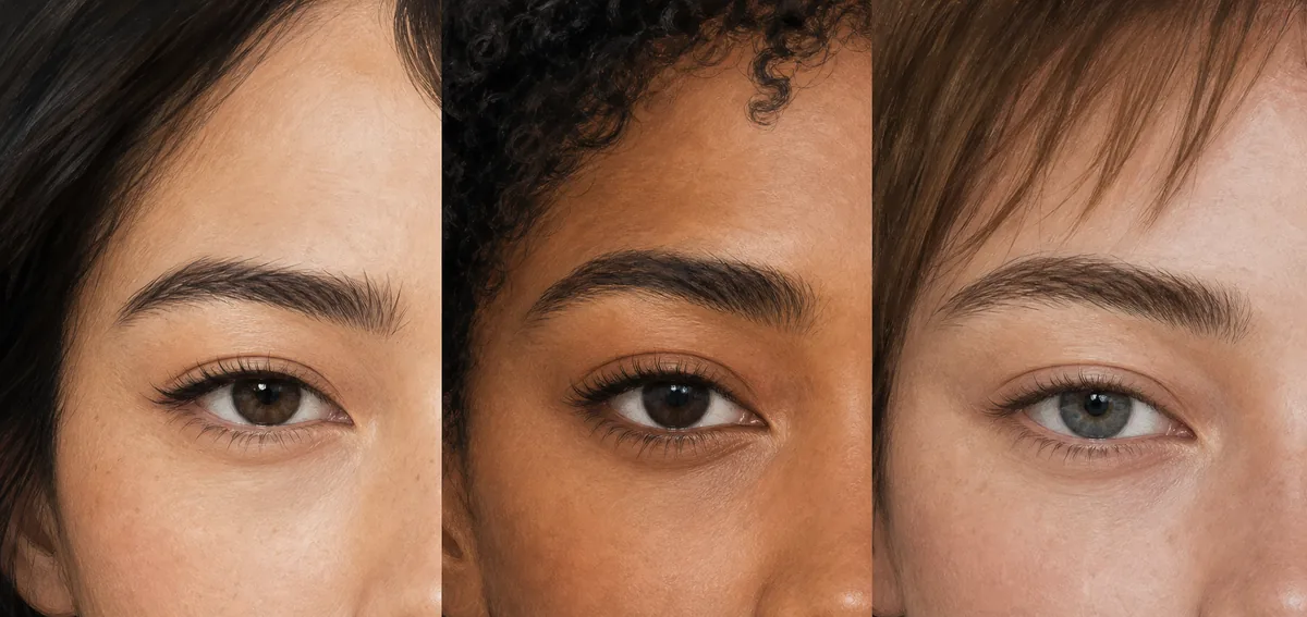 Três regiões dos olhos com diferentes direções dos cantos externos