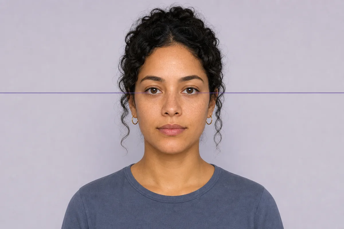 Retrato frontal com cabeça reta e referência horizontal na altura dos olhos
