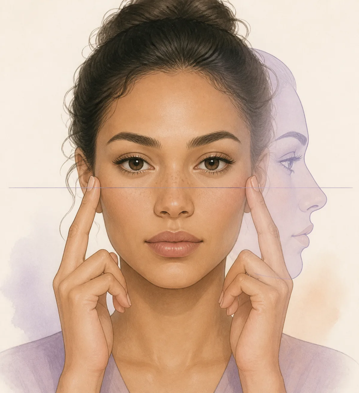 Editorial illustration showing a gentle fingertip check near the cheekbone with a front and side profile overlay