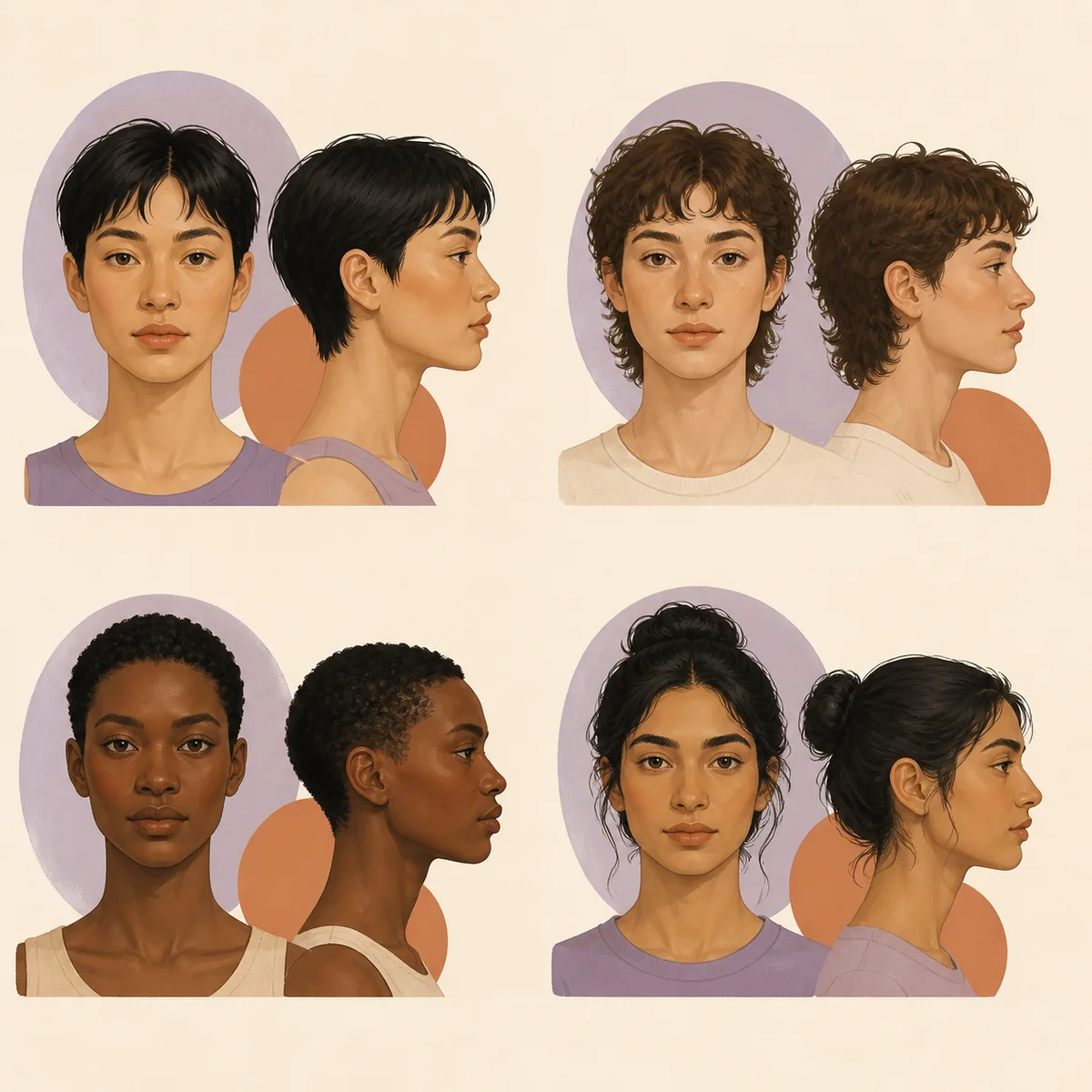 Four diverse editorial portraits showing how cheekbone position and forward projection can vary separately