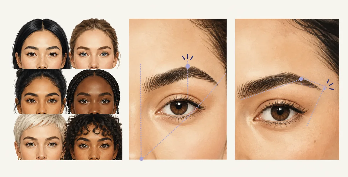 Editorial step visual showing a neutral brow view, the arch peak, and the brow tail direction