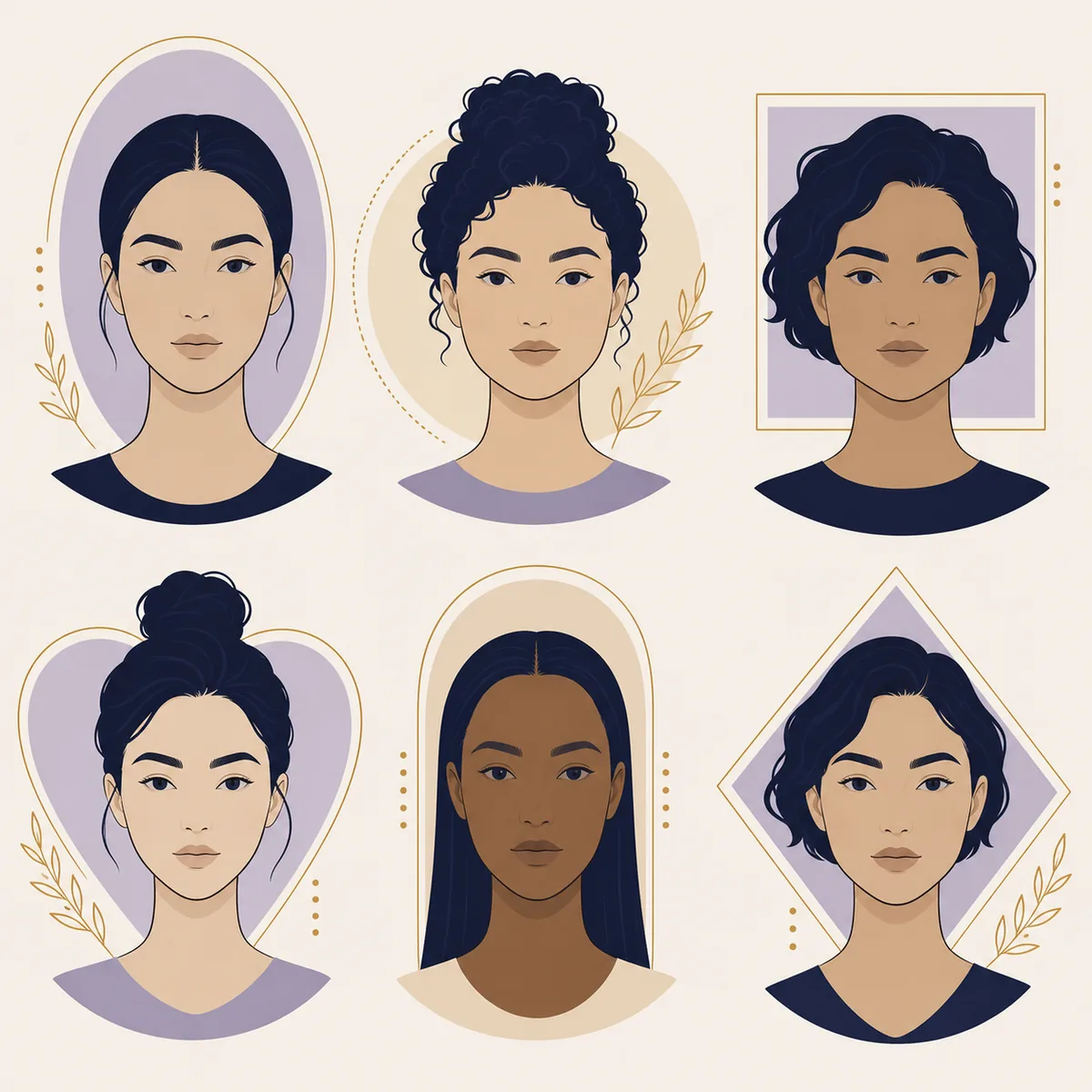 Editorial comparison of eyebrow styling ideas across oval, round, square, heart, oblong, and diamond face outlines