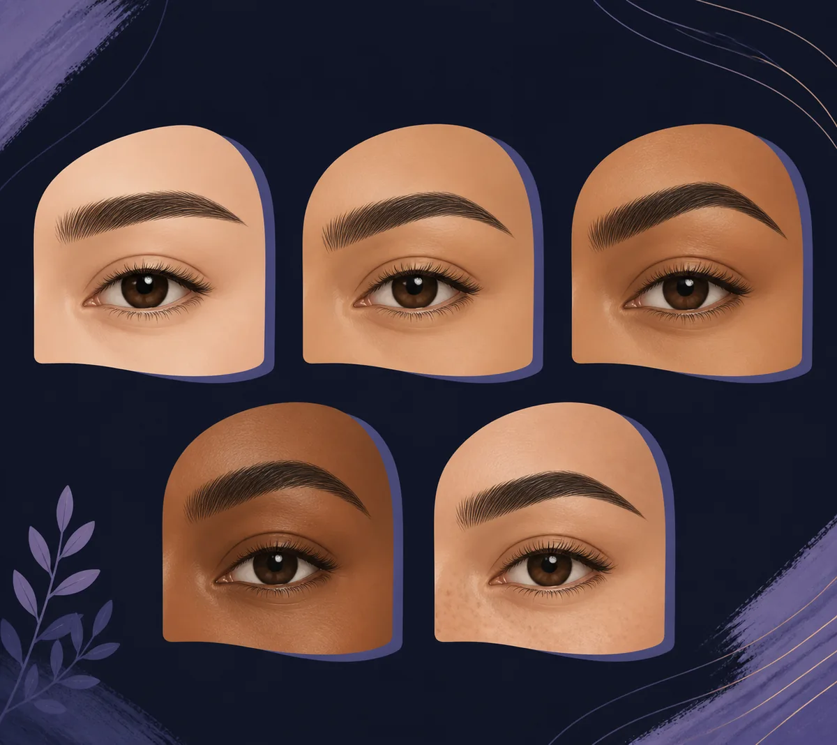 Editorial illustration showing several natural eyebrow shapes across diverse eye areas