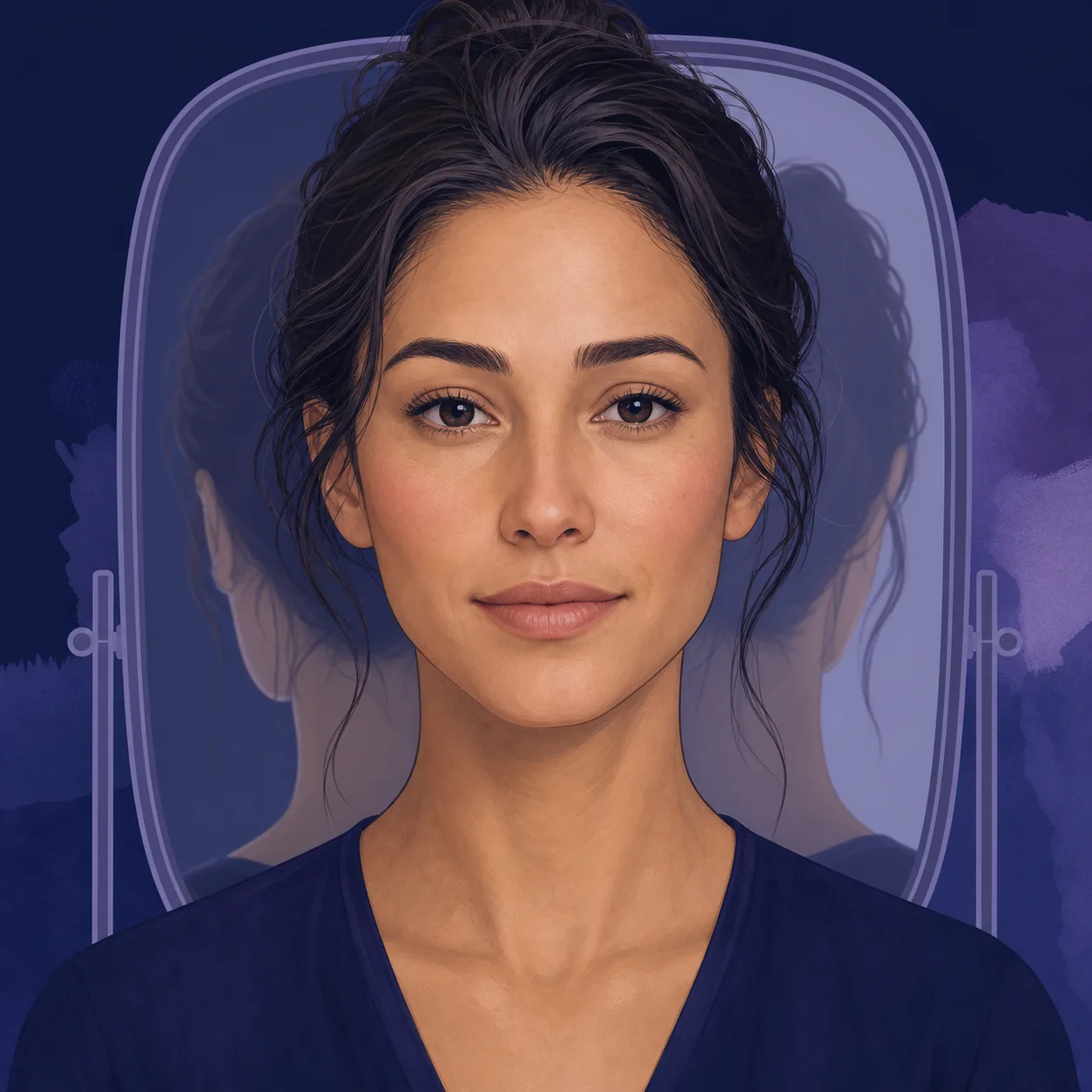 Illustrated front-facing portrait with a subtle natural difference between left and right facial contours