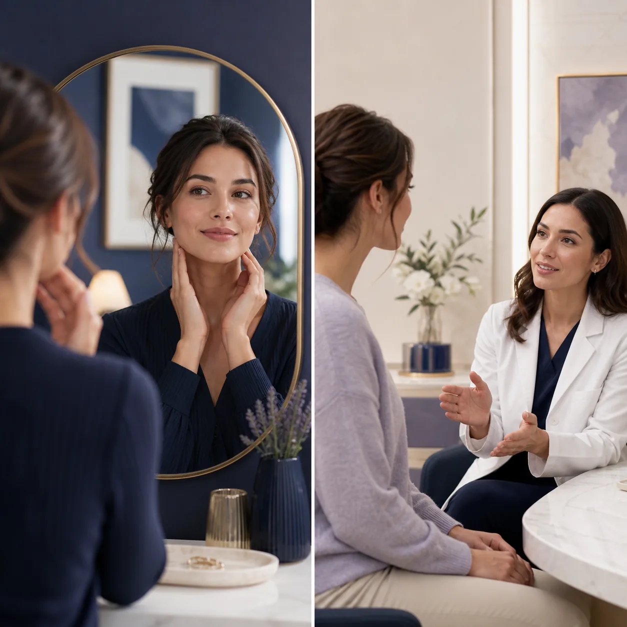 Conceptual split scene showing a person checking posture in a mirror and discussing a persistent concern with a clinician