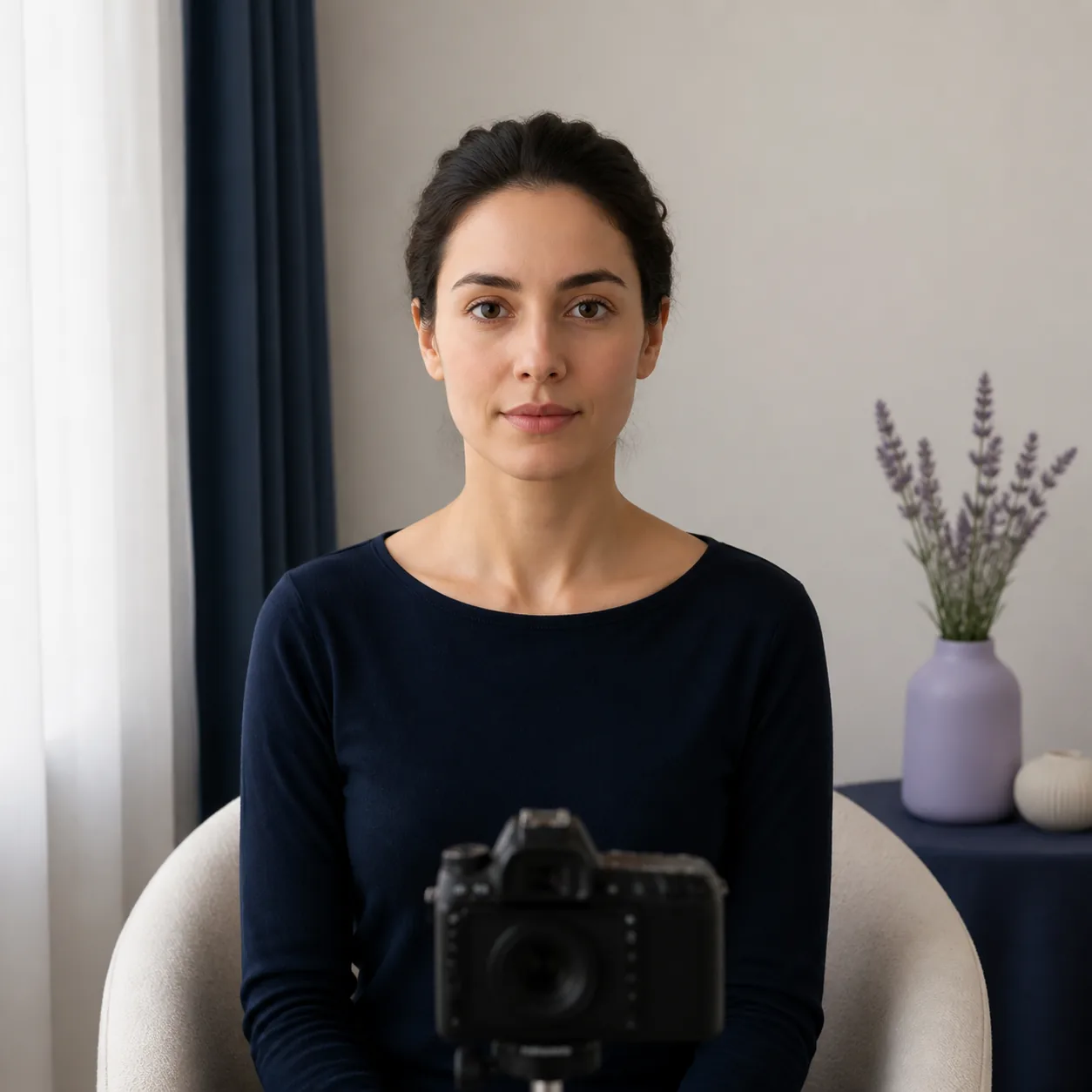 Person seated in even light for a neutral front-facing facial photo with the camera at eye level