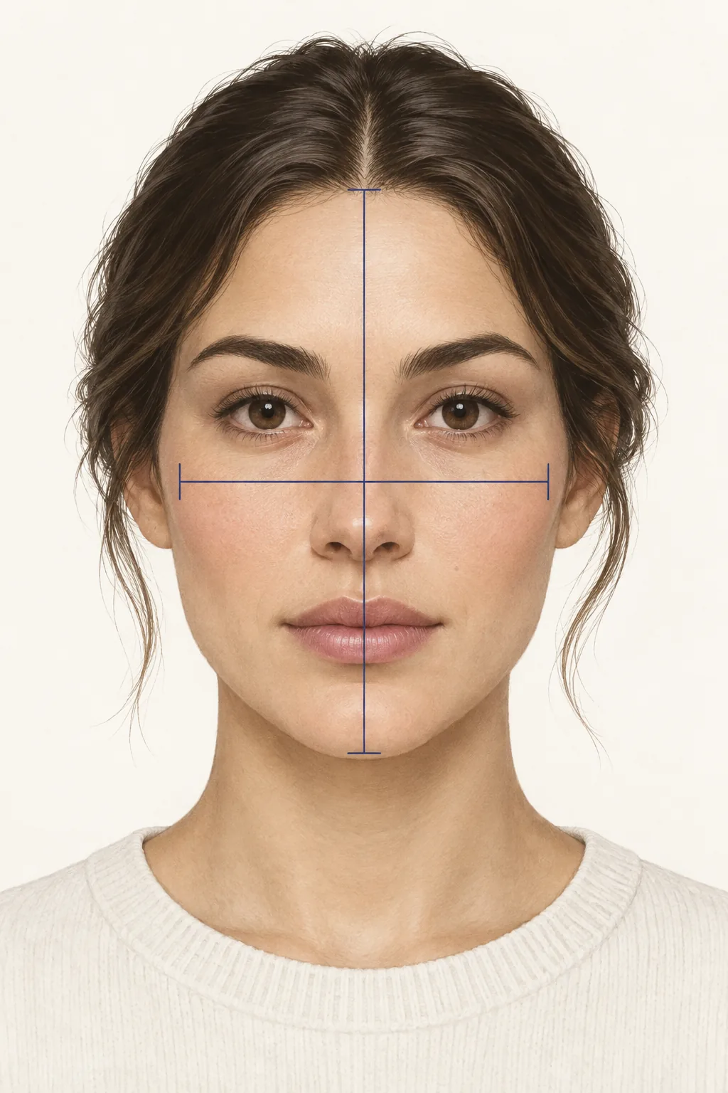 Editorial portrait showing facial height and cheekbone width measurement guides