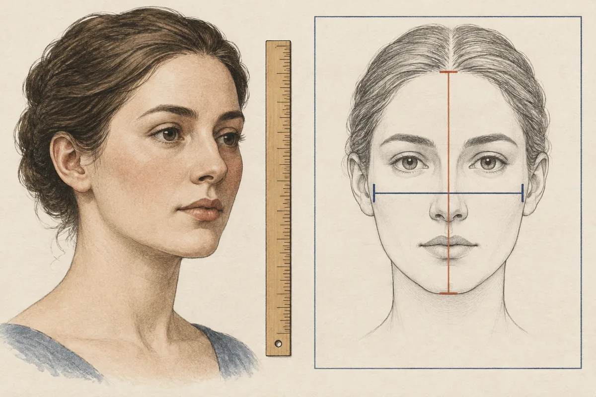 Editorial measurement illustration showing facial height, cheekbone width, and a ruler beside a portrait