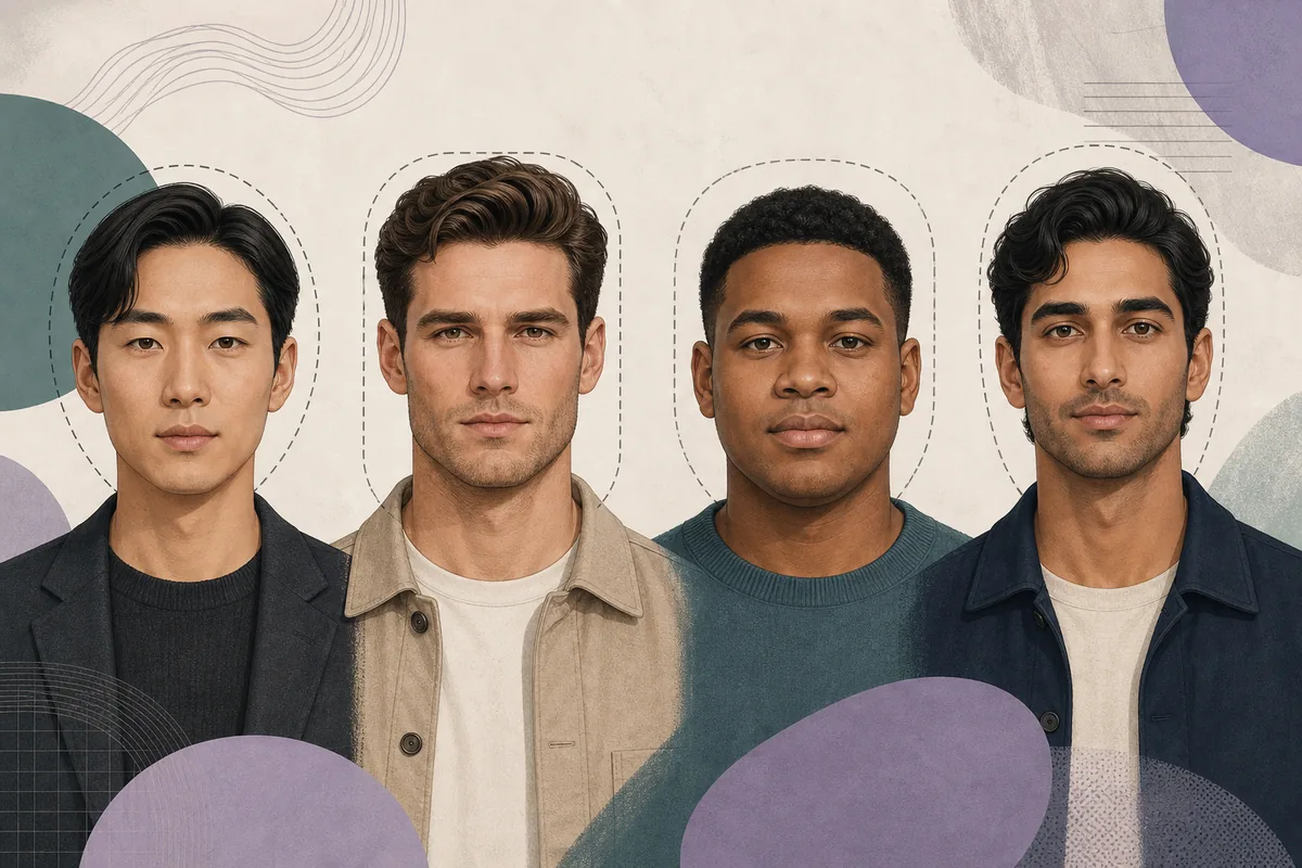 Cuatro hombres adultos con siluetas de rostro diferentes en una ilustración editorial