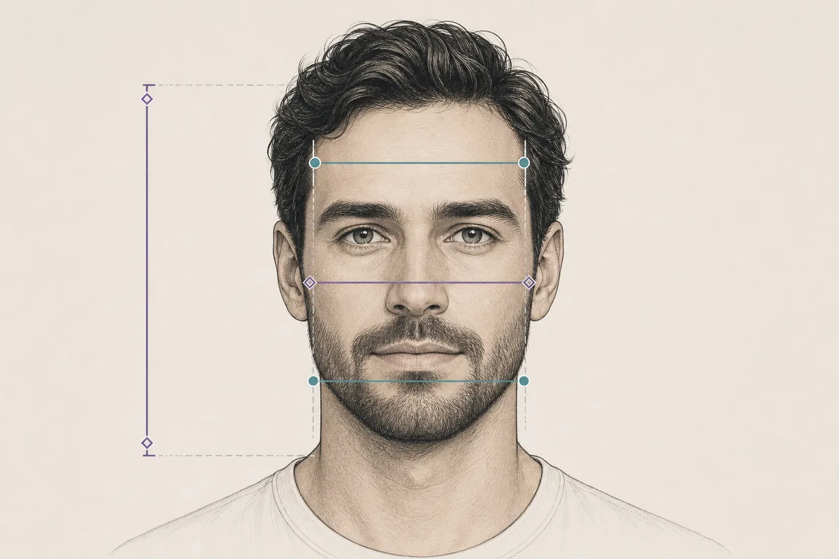 Diagrama editorial con líneas para medir frente, pómulos, mandíbula y largo del rostro masculino