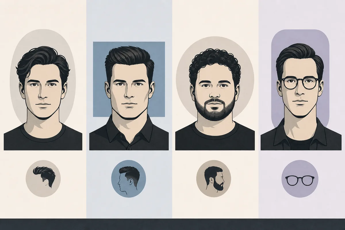 Gráfico comparativo con cuatro contornos masculinos y sugerencias visuales de pelo, barba y gafas