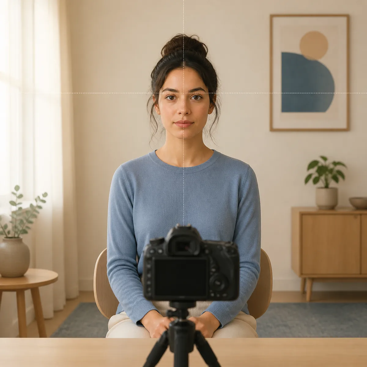 Editorial checklist illustration for taking a level, evenly lit front-facing photo for a facial harmony check