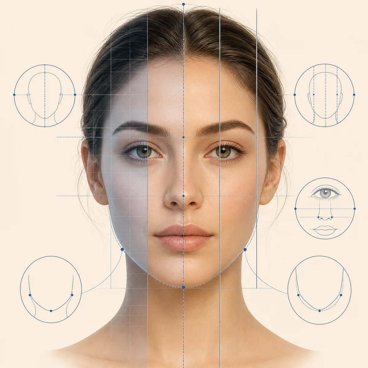 Neutral diagram showing symmetry, facial thirds, feature spacing and photo quality as separate facial harmony signals