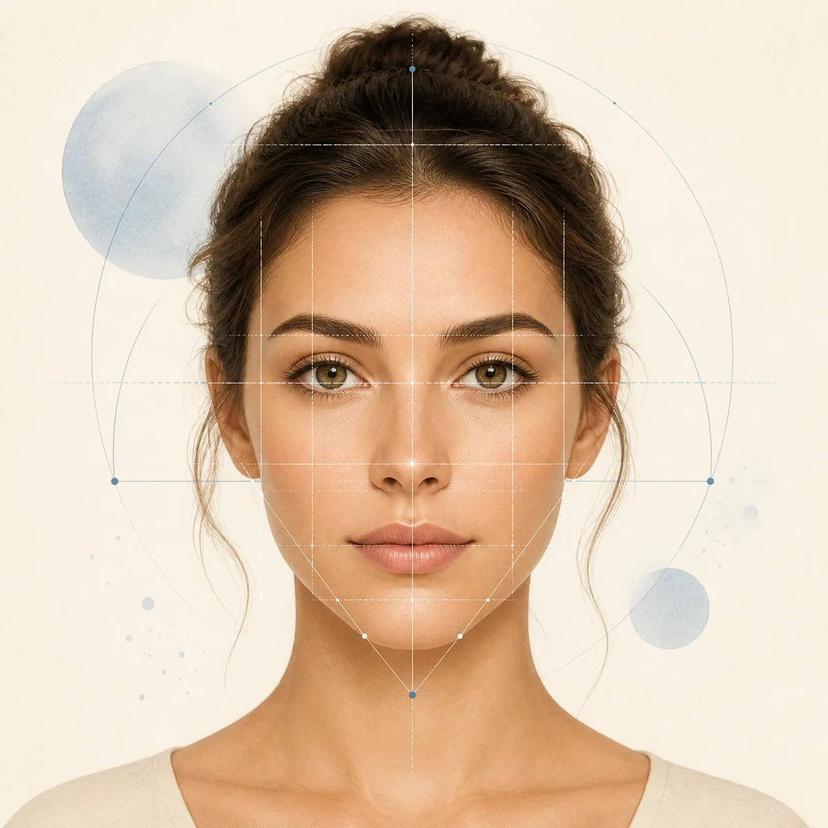 Abstract editorial illustration of a face profile surrounded by balanced facial measurement lines