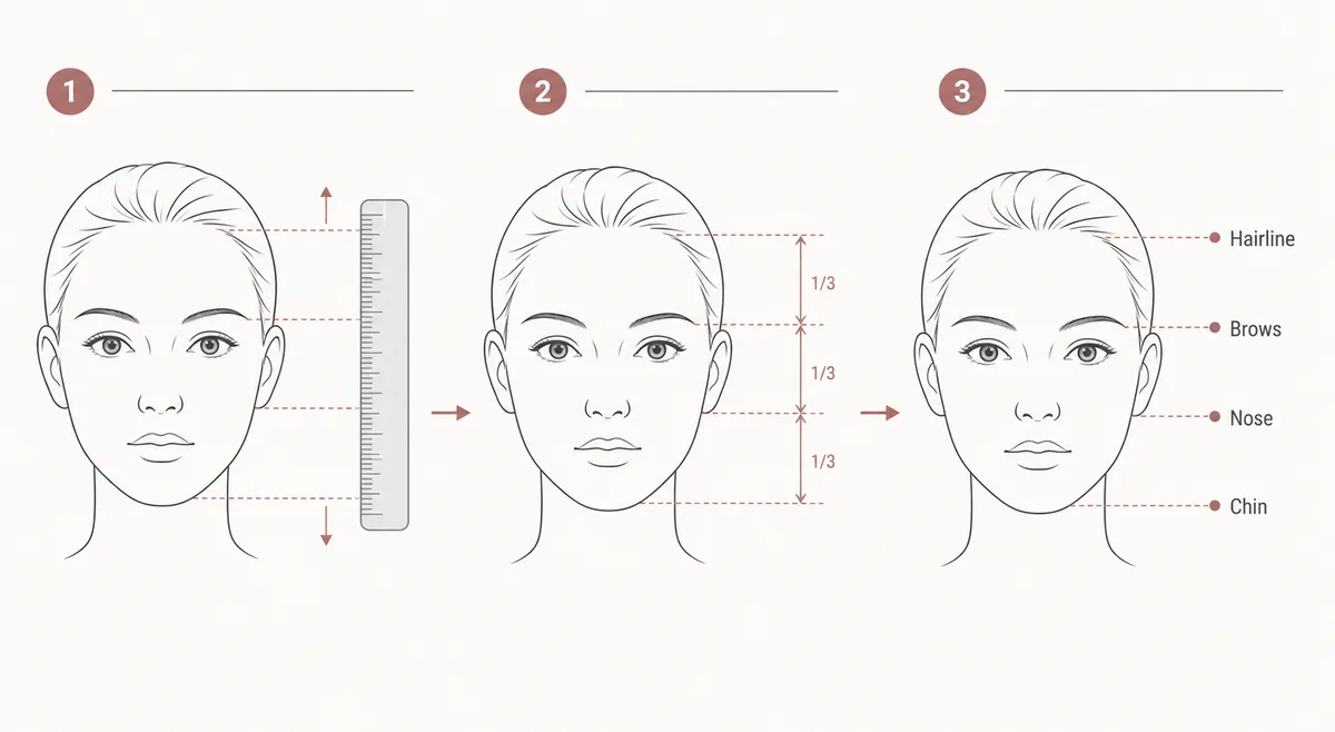 Messablauf fuer Haaransatz, Brauen, Nase und Kinn bei Facial Thirds