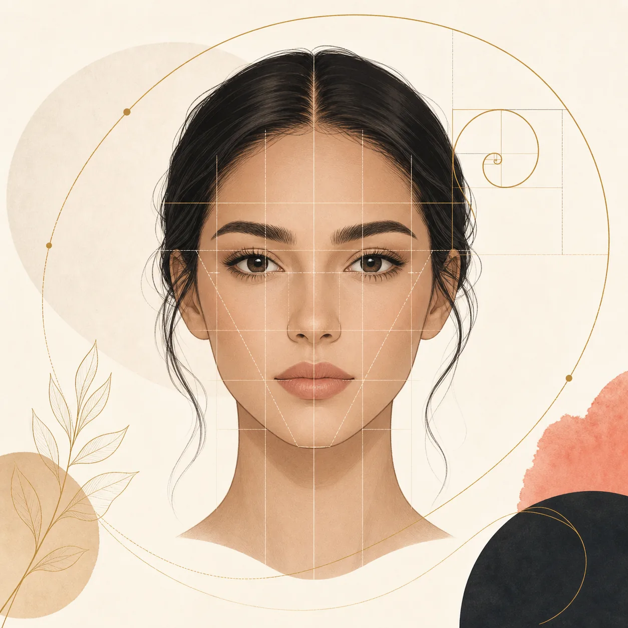 Redaktionelle Illustration eines neutralen Gesichts von vorn mit geometrischen Proportionslinien