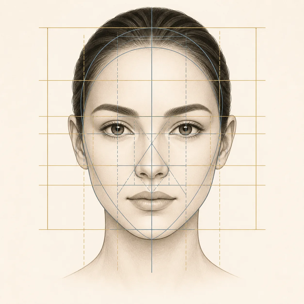 Frontale Illustration eines Gesichts mit geometrischen Linien zur Messung von Proportionen
