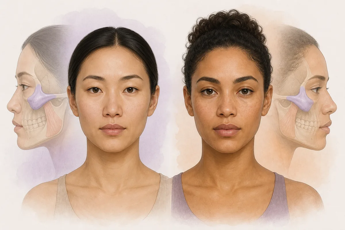 Editorial comparison of two natural faces with simplified cheekbone anatomy overlays