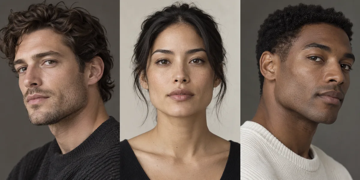 Three diverse adult portraits showing natural jawline contours in front and three-quarter views