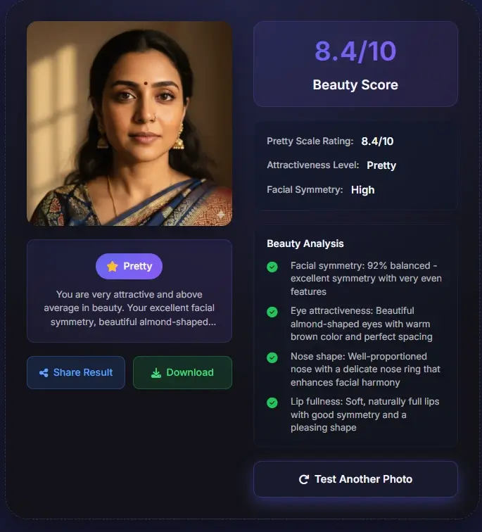Am I attractive test - Indian woman beauty score 8.4/10, pretty with balanced proportions